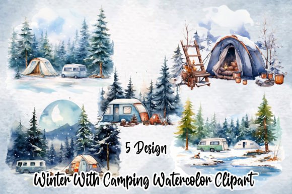 Watercolor Winter With Camping Clipart Pack