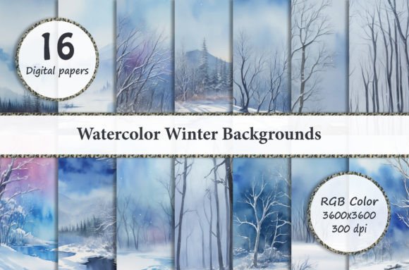 16 Watercolor Winter Backgrounds Pack