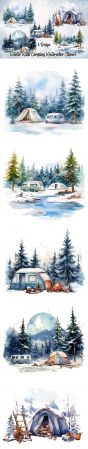 Watercolor Winter With Camping Clipart Pack