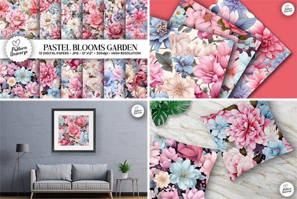 12 Seamless Pastel Blooms Garden Patterns