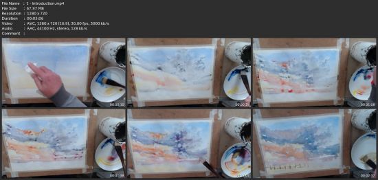 Watercolour Color Painting. Beach Sunset. One Brush Loose .