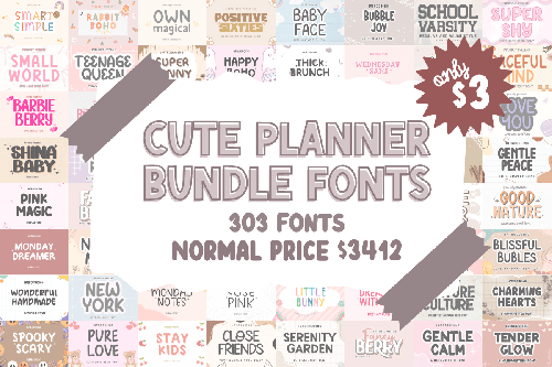 Cute Planner Fonts Bundle - 303 Premium Fonts