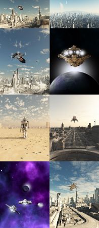 Scout Ship Landing in a Future City, Scifi illustration