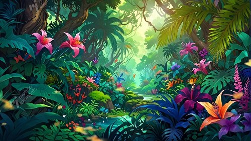 Stunning Rainforest With Colorful Flower 34542154