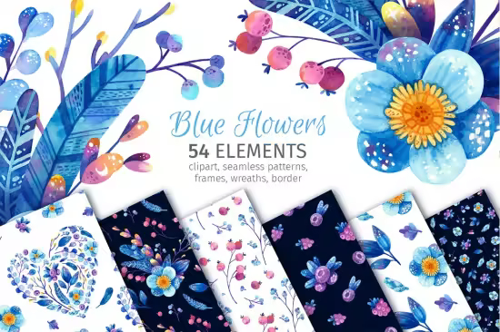 Blue Flowers and Berries Watercolor Clipart, Flora - XX3N3T9