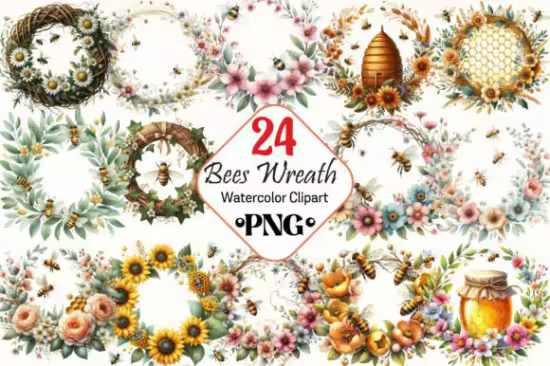 Watercolor Bees Wreath Clipart Pack