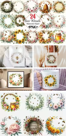 Watercolor Bees Wreath Clipart Pack
