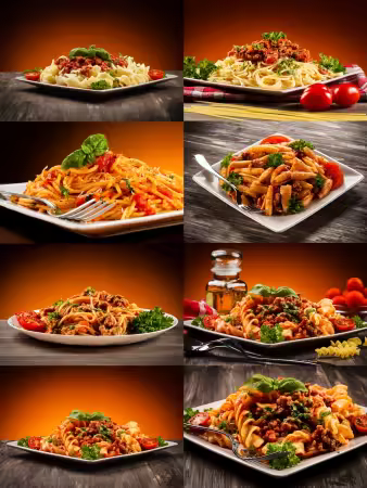 Pasta with meat, tomato sauce and vegetables
