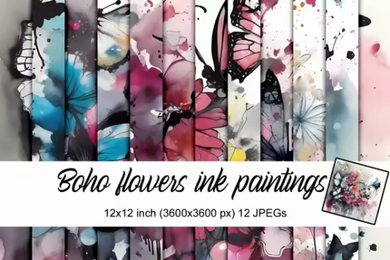 Boho Flowers Ink Paintings - 12 Digital Images