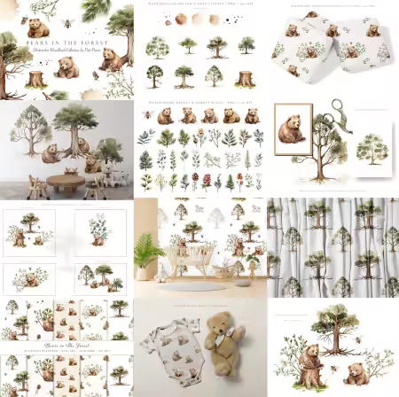 Bears in the Forest - Watercolor Woodland Collection