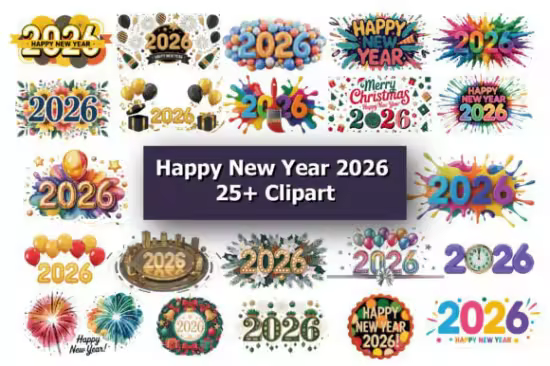 25 Happy New Year 2026 Clipart Bundle