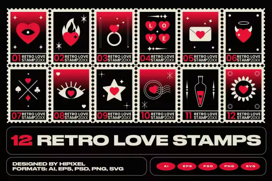 EE - 12 Retro Love Stamps Z6P9J5S