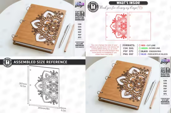 Wooden Notebook Cover Laser Cut - Floral & Geometric Planner SVG
