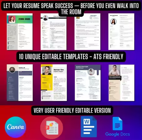 10-In-1 Resume CV Bundle (Canva, Word, PowerPoint)