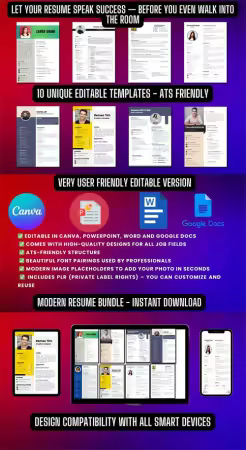 10-In-1 Resume CV Bundle (Canva, Word, PowerPoint)