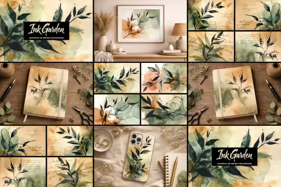 Ink Garden - 8 Botanical Ink Abstract Backgrounds