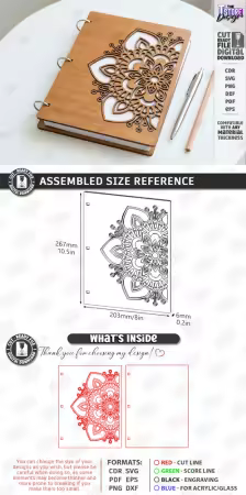 Wooden Notebook Cover Laser Cut - Floral & Geometric Planner SVG