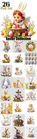 Easter set, cute rabbit, Easter eggs, spring blossoms - psd design template