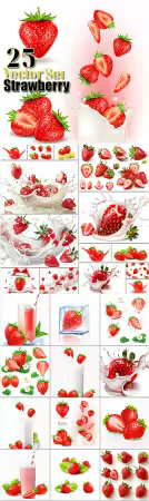 Strawberry vector collection- strawberries in milk, strawberries with ice, strawberries in splashes of water