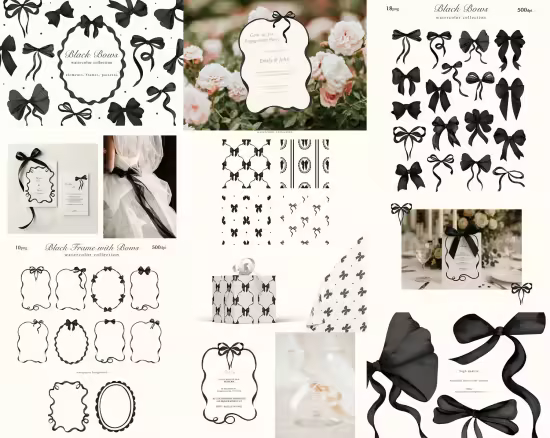 Black Bows Ribbon - Watercolor Clipart Collection