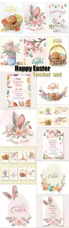Happy Easter greeting cards with spring and easter elements Bunny colored eggs bread flowers
