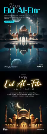 PSD happy eid al fitr poster with mosque and crescent moon background