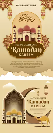 Ramadan kareem psd poster with a picture of a mosque and a camel