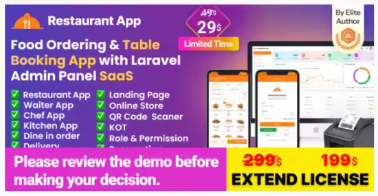 Codecanyon - Restaurant App v3.4 - online Food Ordering Table Booking Restaurant App with Laravel Admin Panel SaaS 58370658