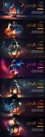 PSD happy eid al fitr poster with arabic lantern background