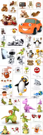 Cartoon 3d animals, toys, objects - 50 stock photo collection