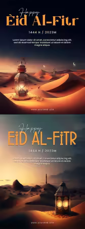 Eid al Fitr social media poster with desert background lanterns mosque