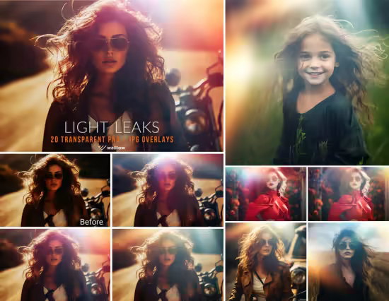20 Vintage Light Leaks PNG Overlays for Photoshop