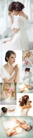 Adorable brides with wedding bouquets stock photo