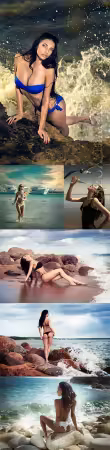 Girls on the seashore sitting on stones stock photo