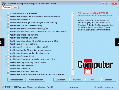 Windows 7/Windows 8.1 Spionage-Stopper v1.0.0.0 (Installer + Portable) Deutsch/German