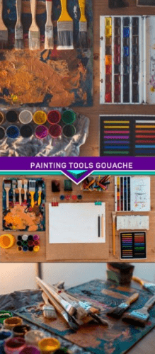 Painting tools gouache, watercolor and brush in art studio