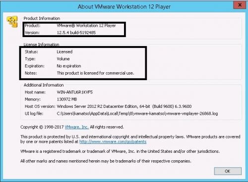 VMware Workstation Player 12.5.4 Build 5192485 Commercial