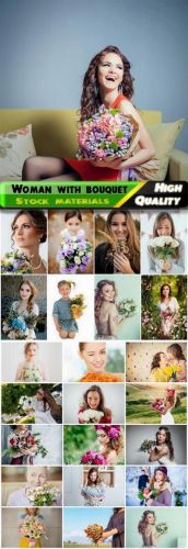 Beautiful happy woman and girl with bouquet of flowers Stock images