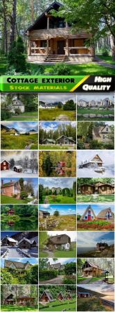 Exterior of cottage and country house and building with lawn Stock images