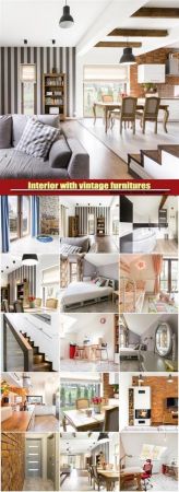 Interior with vintage furnitures, bedroom, kitchen, living room