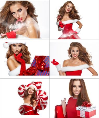 Fotolia - Santa Girl with Christmas Gifts on White Background 2