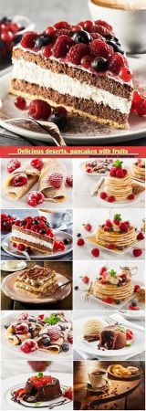 Delicious pancakes with fruits, piece of tiramisu cake