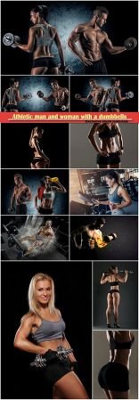 Athletic man and woman with a dumbbells, concept of health and sport