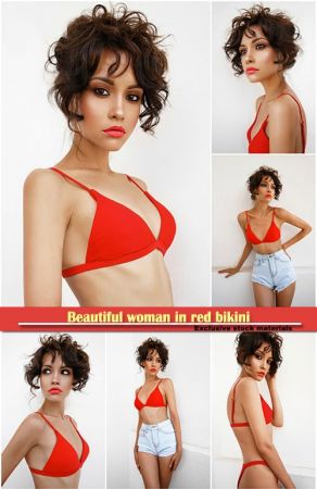 Beautiful woman in red bikini and shorts