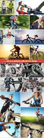 Set of a pictures with bicycle theme, bicycle, wheel, handlebar, saddle, gear, chain