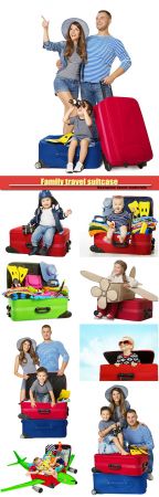 Family travel suitcase, people and vacation luggage