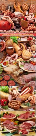 Variety of sausage products, assorted meat