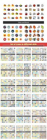 Set of icons in different style, isometric vector flat and outline