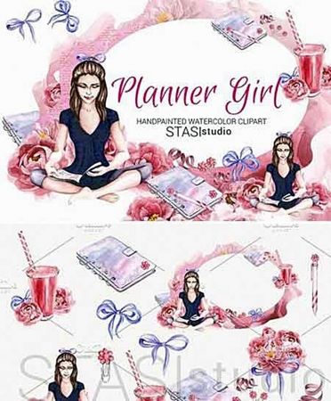 Planner Girl Watercolor Clipart 1593833