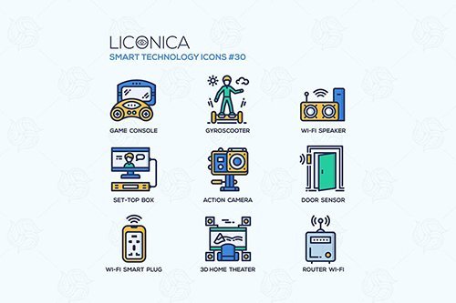 Smart Technology - flat line design style icon set